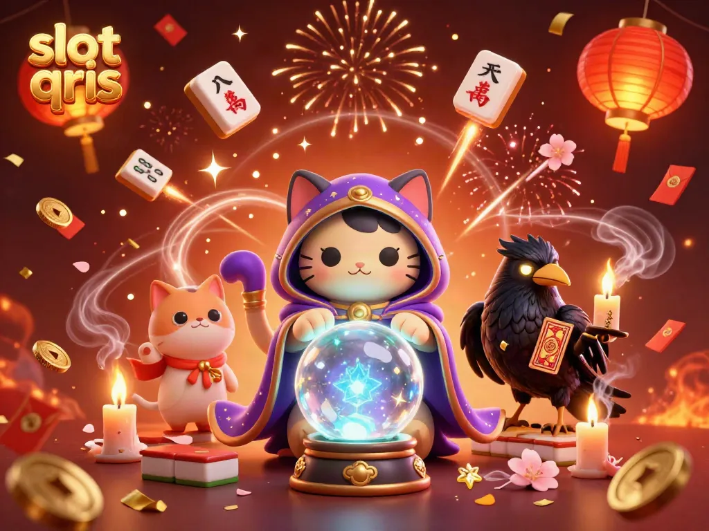 Mainkan slot qris dengan pengalaman menarik dari karakter cat dan burung gagak di latar yang penuh warna.