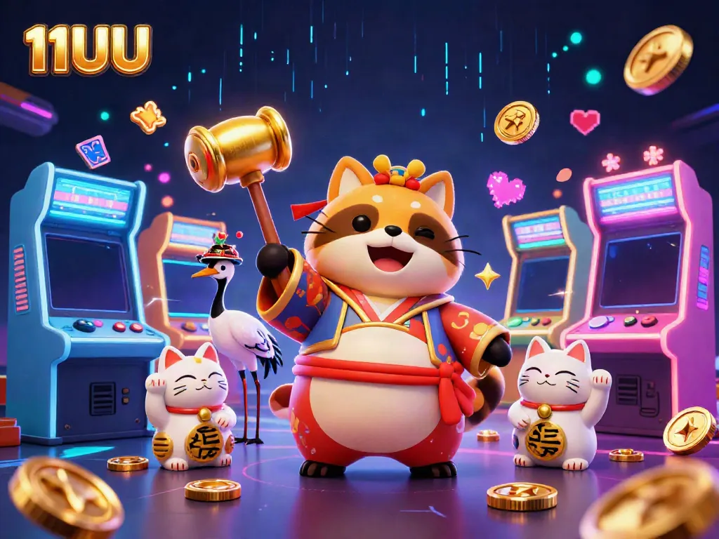 Activate excitement with 11UU's cheerful tanuki and friends inviting players to a thrilling gaming experience.