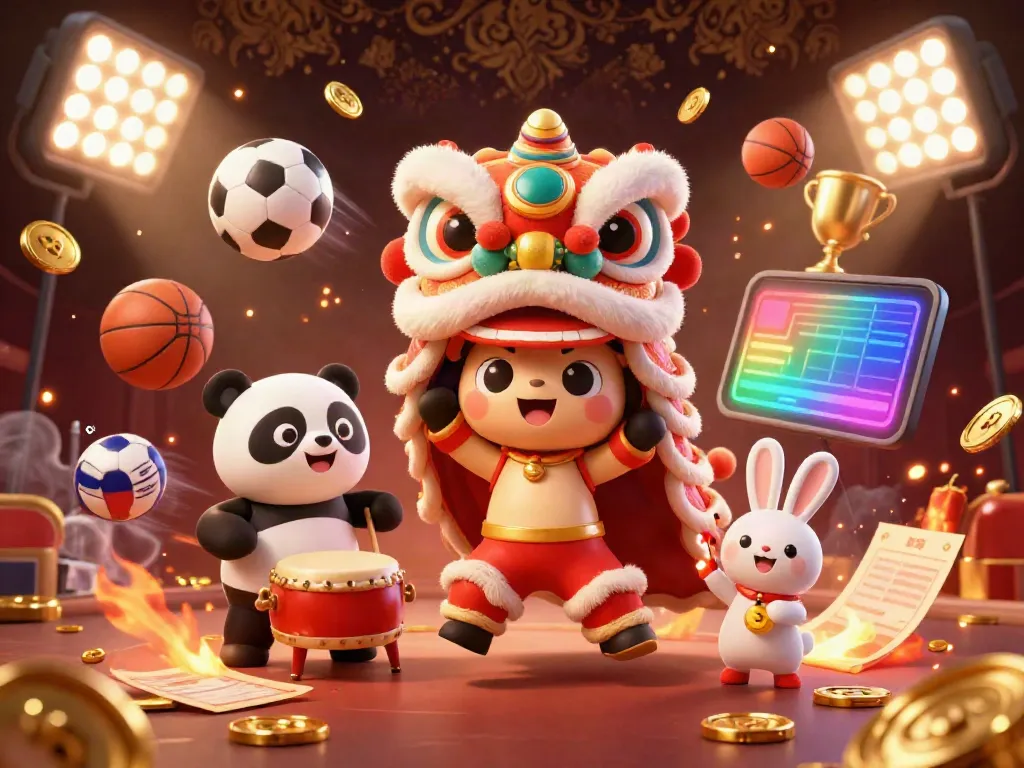 Engage in the excitement of bujang toto with a vibrant lion dance illustration filled with dynamic game elements and festive characters.