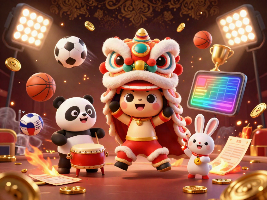 Engage in the excitement of bujang toto with a vibrant lion dance illustration filled with dynamic game elements and festive characters.