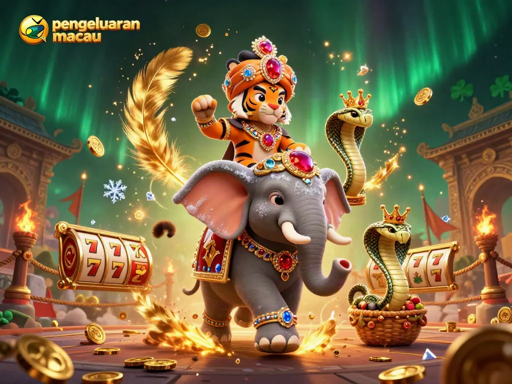 Experience the excitement of pengeluaran macau with a vibrant 3D illustration featuring a tiger maharaja and jackpot symbols.